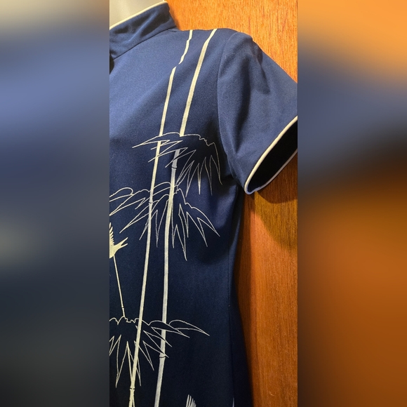 Shaheen Vintage mandarin Blue Dress w/ Bird &Bamboo szS - Picture 6 of 9